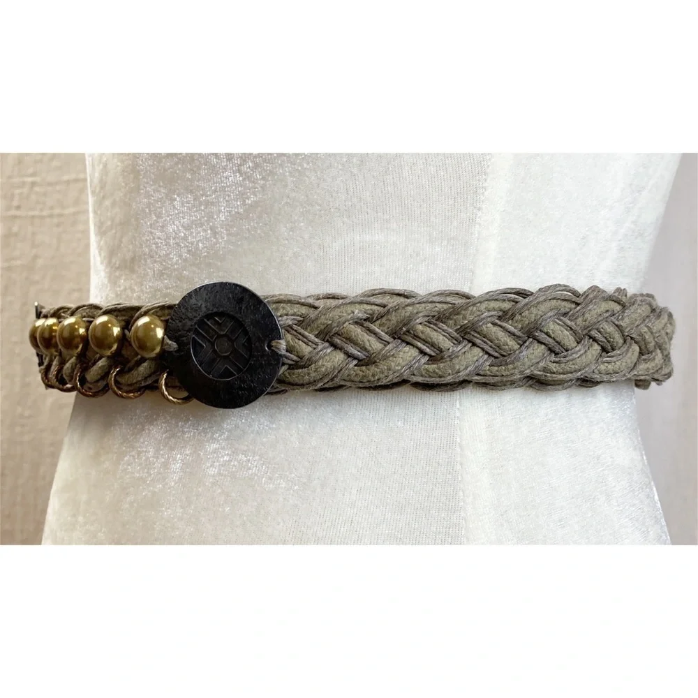 Marjorie Baer SF Green Woven Brass Stud Braided Belt OS